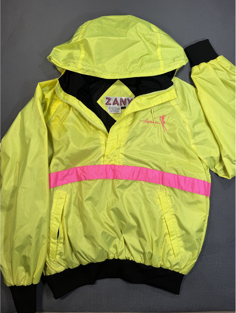 Vintage ZANY Aspen Ski Jacket Large Neon Yellow Pink 80s 90s Retro Windbreaker